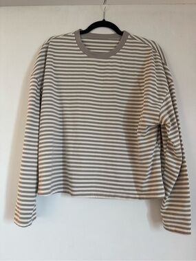 Striped Long-Sleeve Crewneck Top in Beige and White NWOT